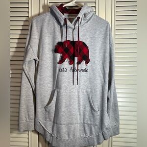 Gray Hoodie with Red Plaid Bear Design